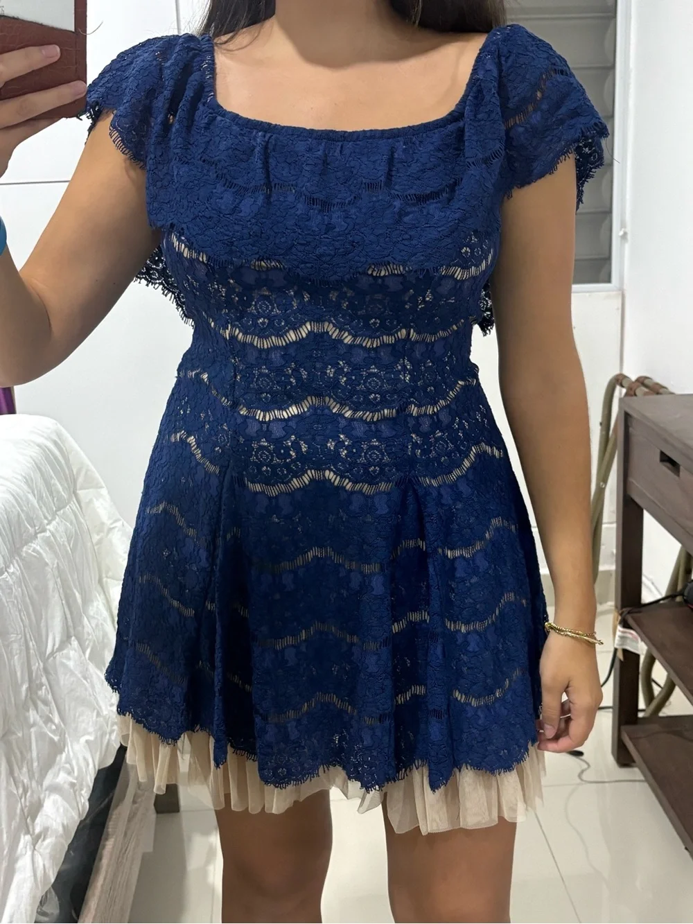 Francesca's Collections Navy Lace Party Dress with Cream Tulle Hem